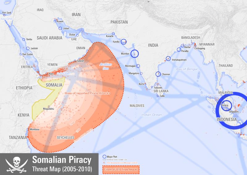 Map of areas under threat by Somali pirates 2005 2010