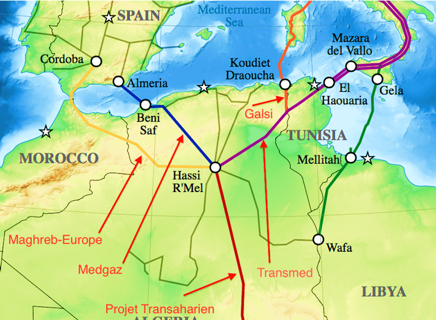 Map of gas pipelines linking Algeria to Europe Temlali 2018