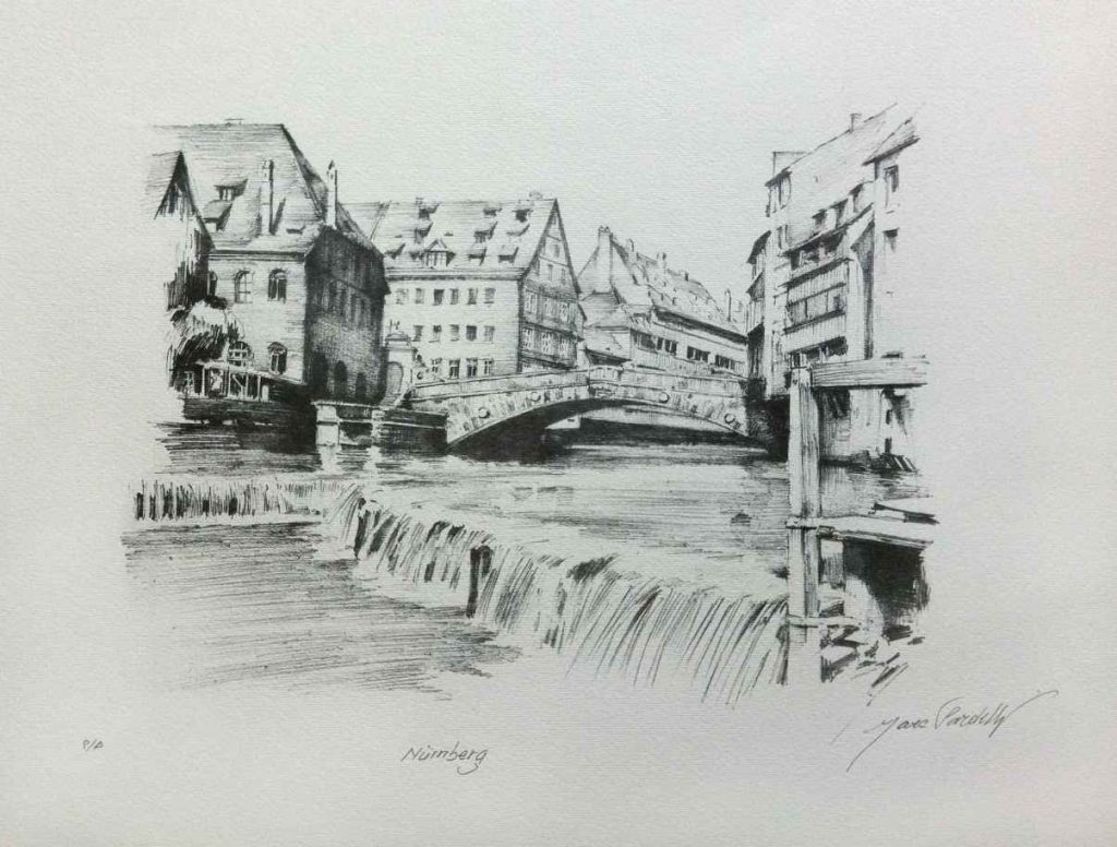 Nürnberg Ponte sul Pegnitz litografia 1997 1024x776